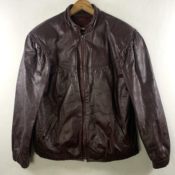 VTG‎ Bermans Womens Leather Bomber Coat Size 10 Burgundy Y2K Indie Grunge Korea